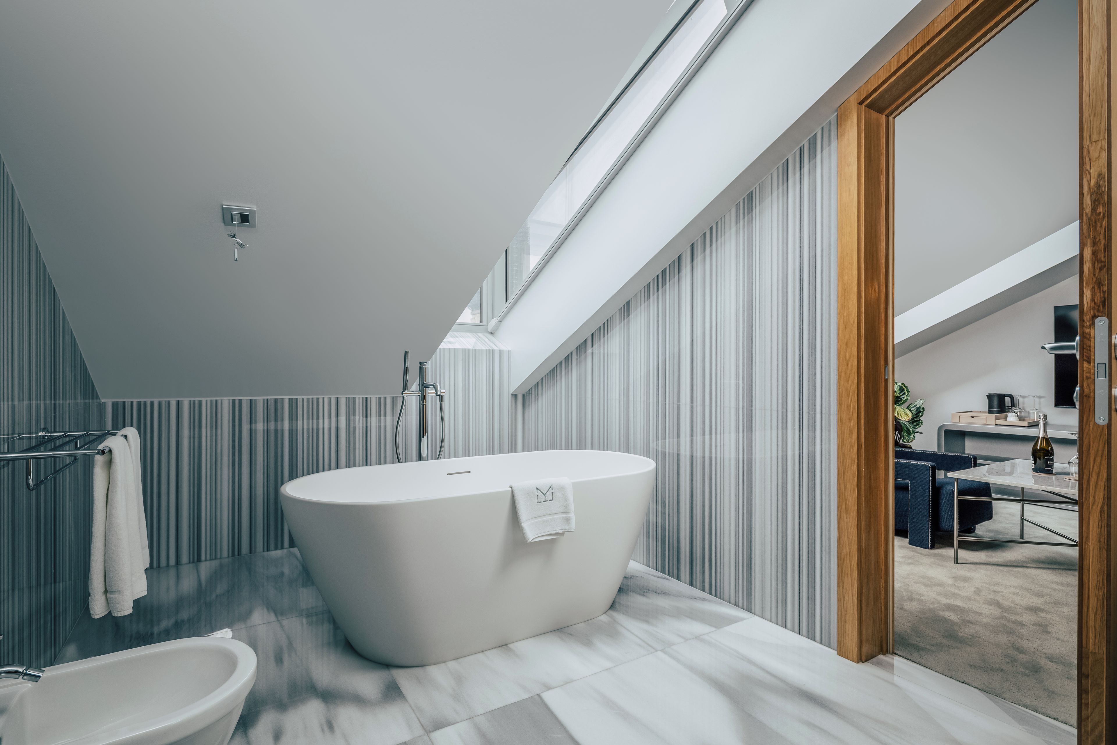 A modern bathroom with a freestanding bathtub, a toilet, and a shower area.