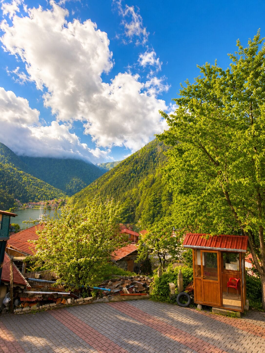 A mountain landscape with a small wooden structure and a red-roofed building.