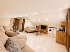 A modern living room with a sofa, TV, and laundry area. - Sefa Suit (Caykara)
