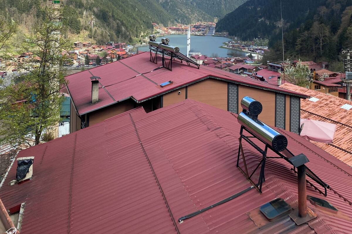 A mountain landscape with a river, buildings, and a red-roofed structure with a telescope.