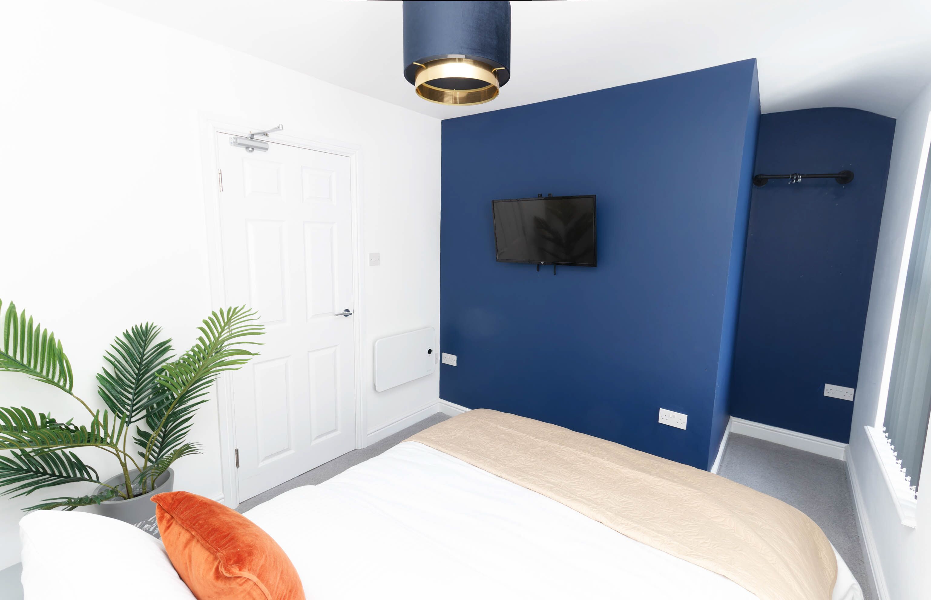A bedroom with a bed, a TV mounted on the wall, a door, and a potted plant.