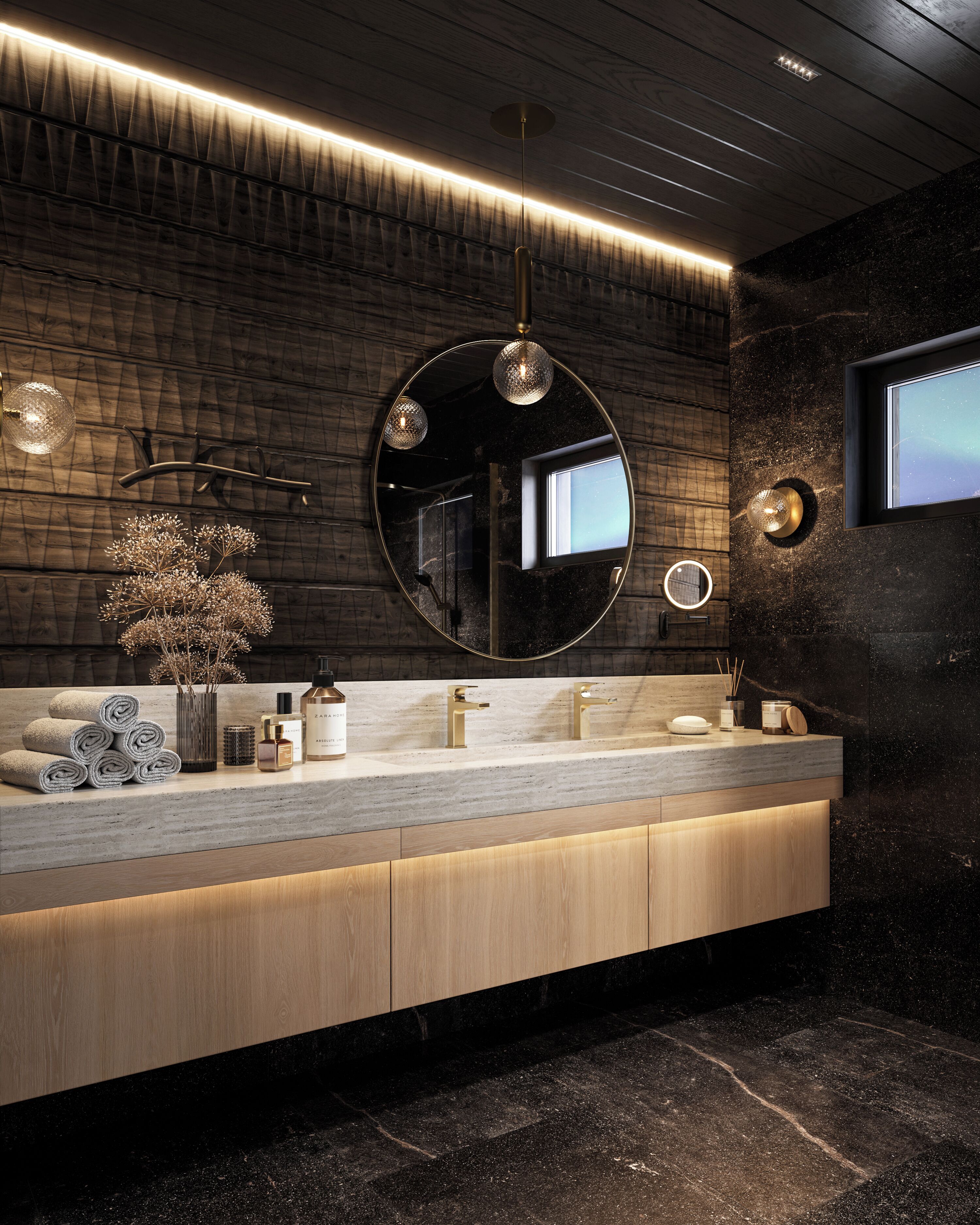 Un baño moderno con un espejo grande, lavamanos dobles y un mueble de tocador de madera.