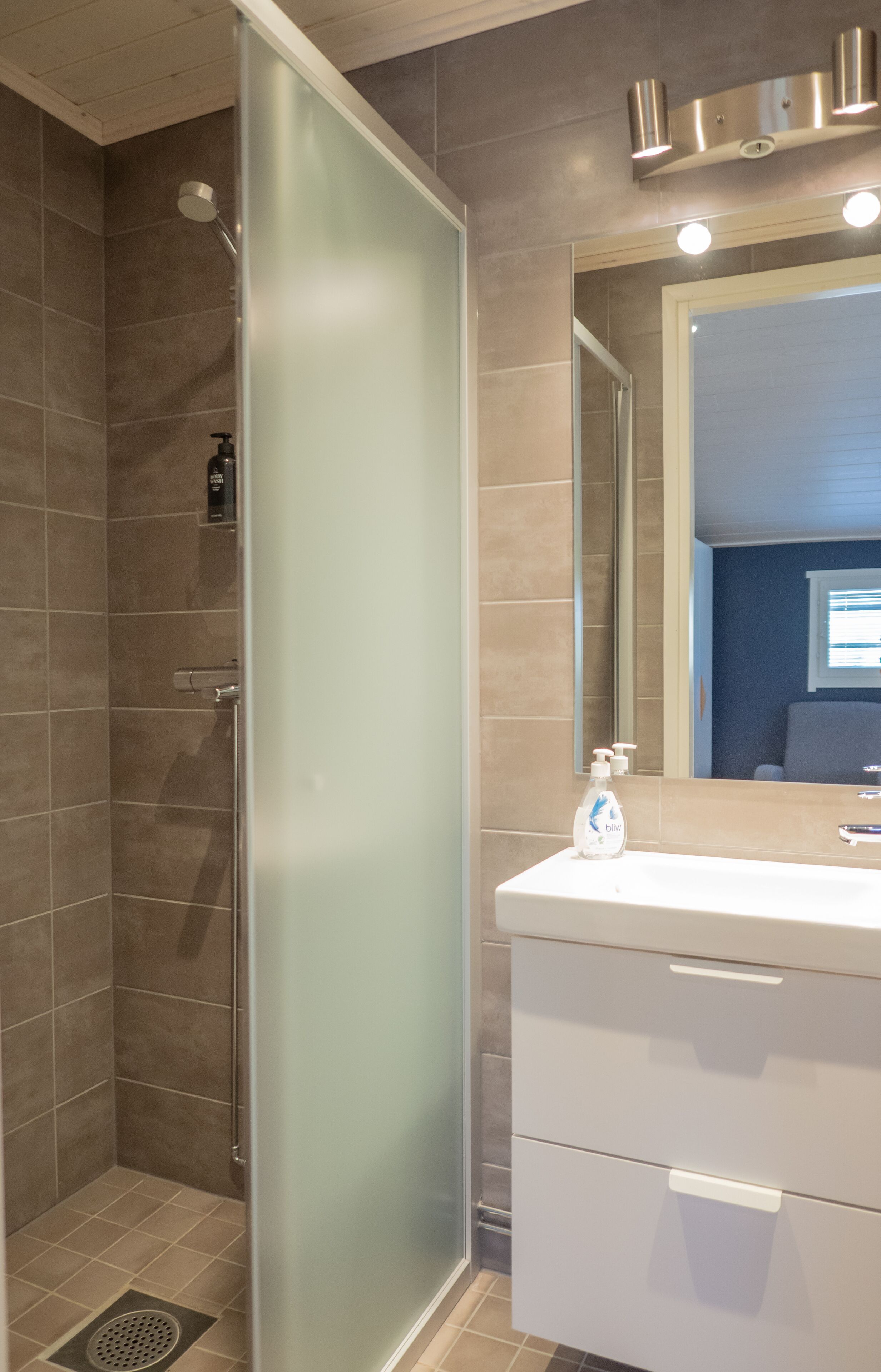 A modern bathroom with a glass shower enclosure, a white vanity with drawers, and a mirror above the sink.