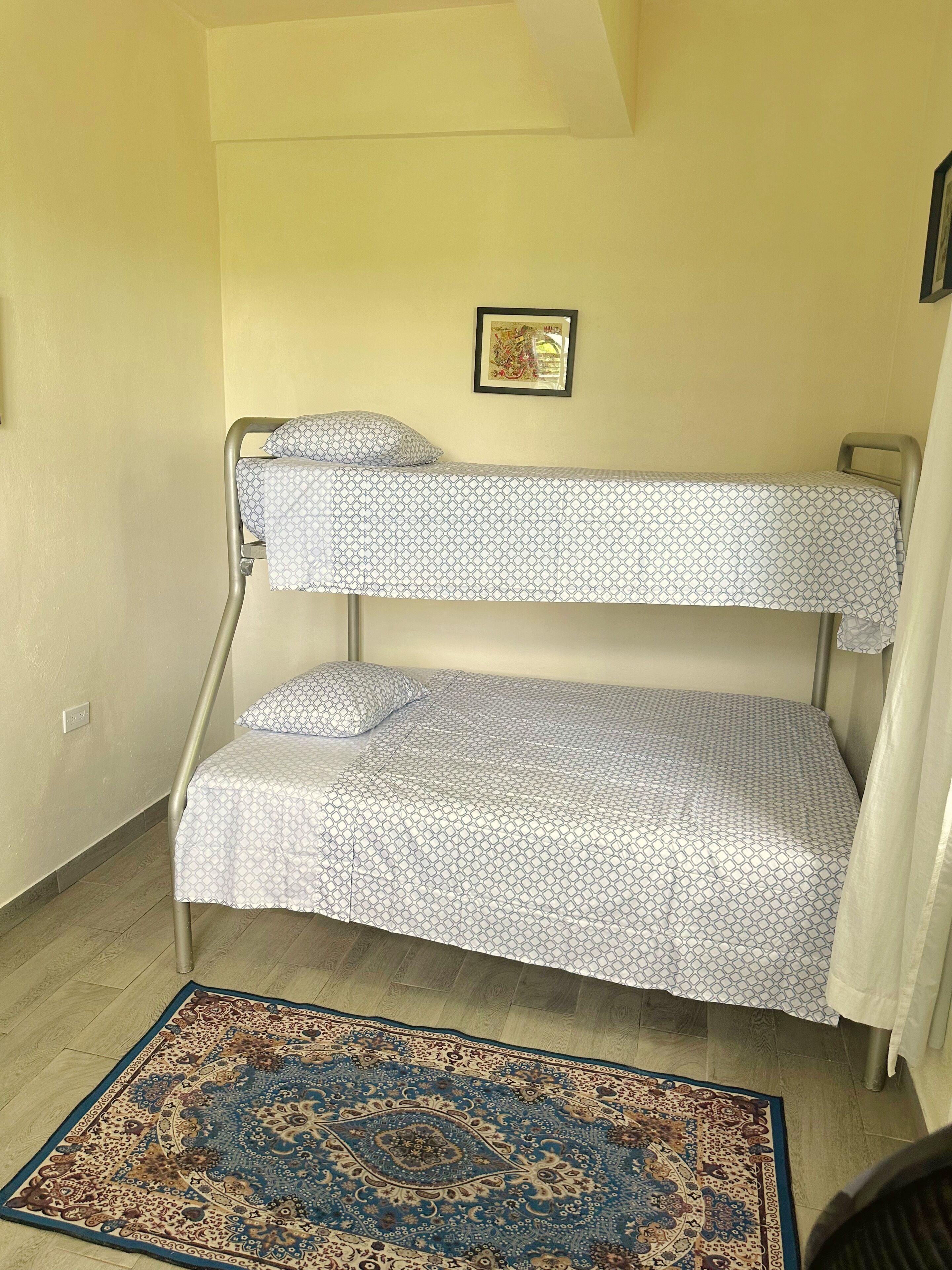 A bunk bed with patterned bedding, a framed picture on the wall, and a patterned rug on the floor.