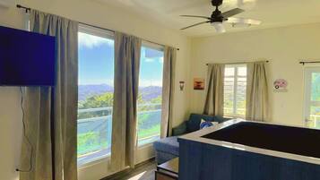 A room with a large window, a ceiling fan, a sofa, and a pool table.