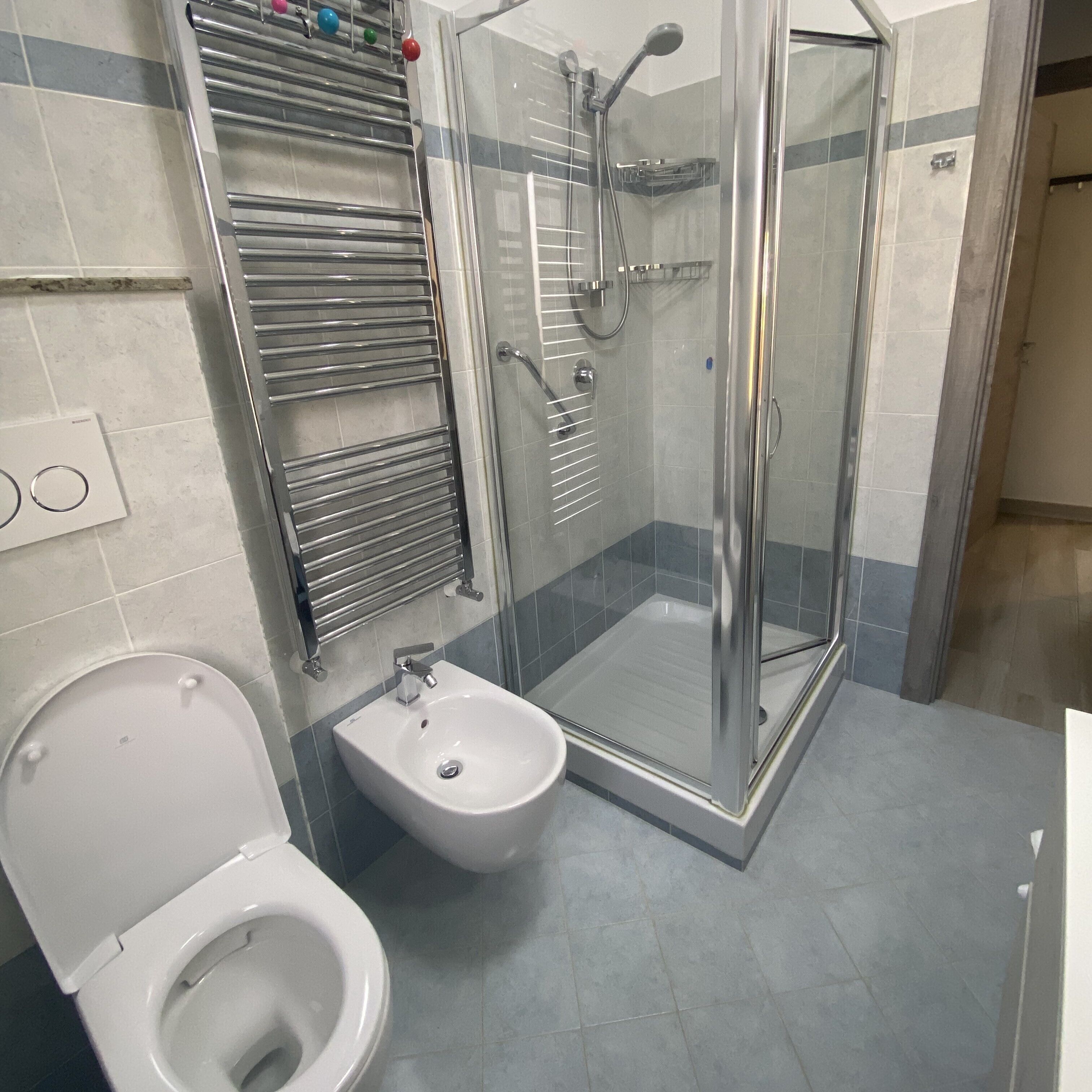A bathroom with a toilet, bidet, and a glass-enclosed shower stall.