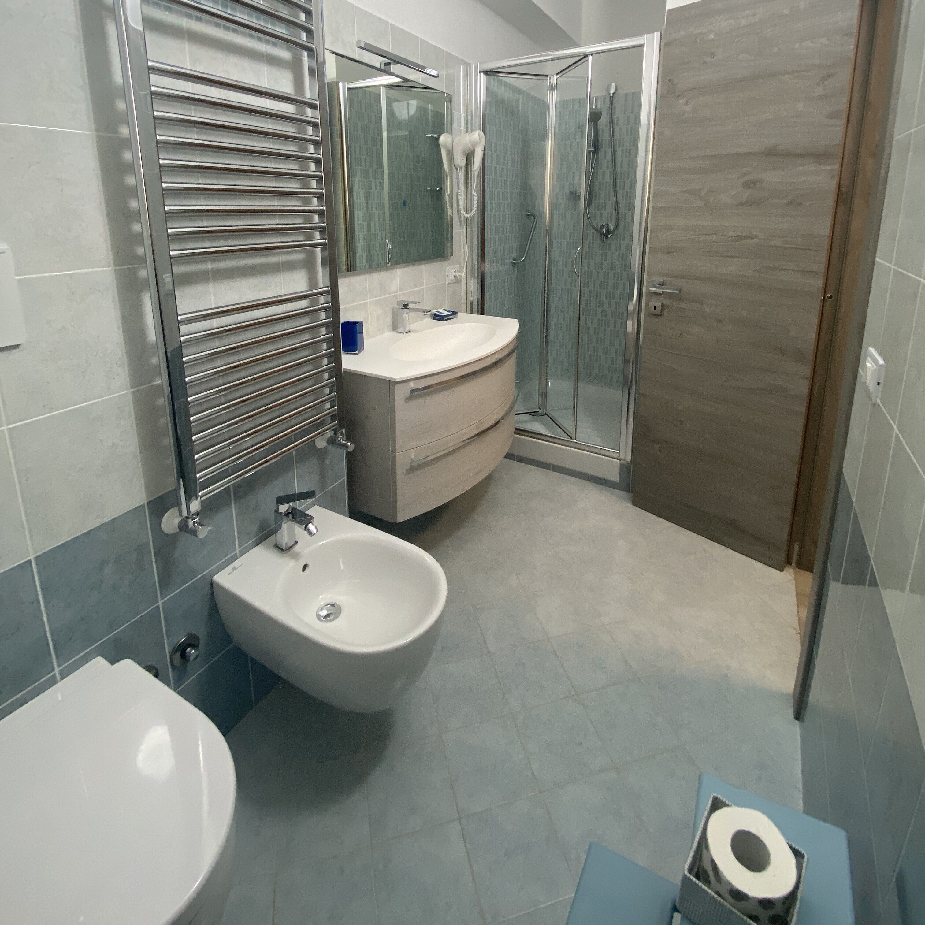 Een moderne badkamer met een bidet, een douche met glazen wanden en een wastafel met spiegel.