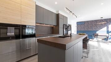 Executive Apartment | Private kitchen | Full-sized fridge, microwave, oven, stovetop