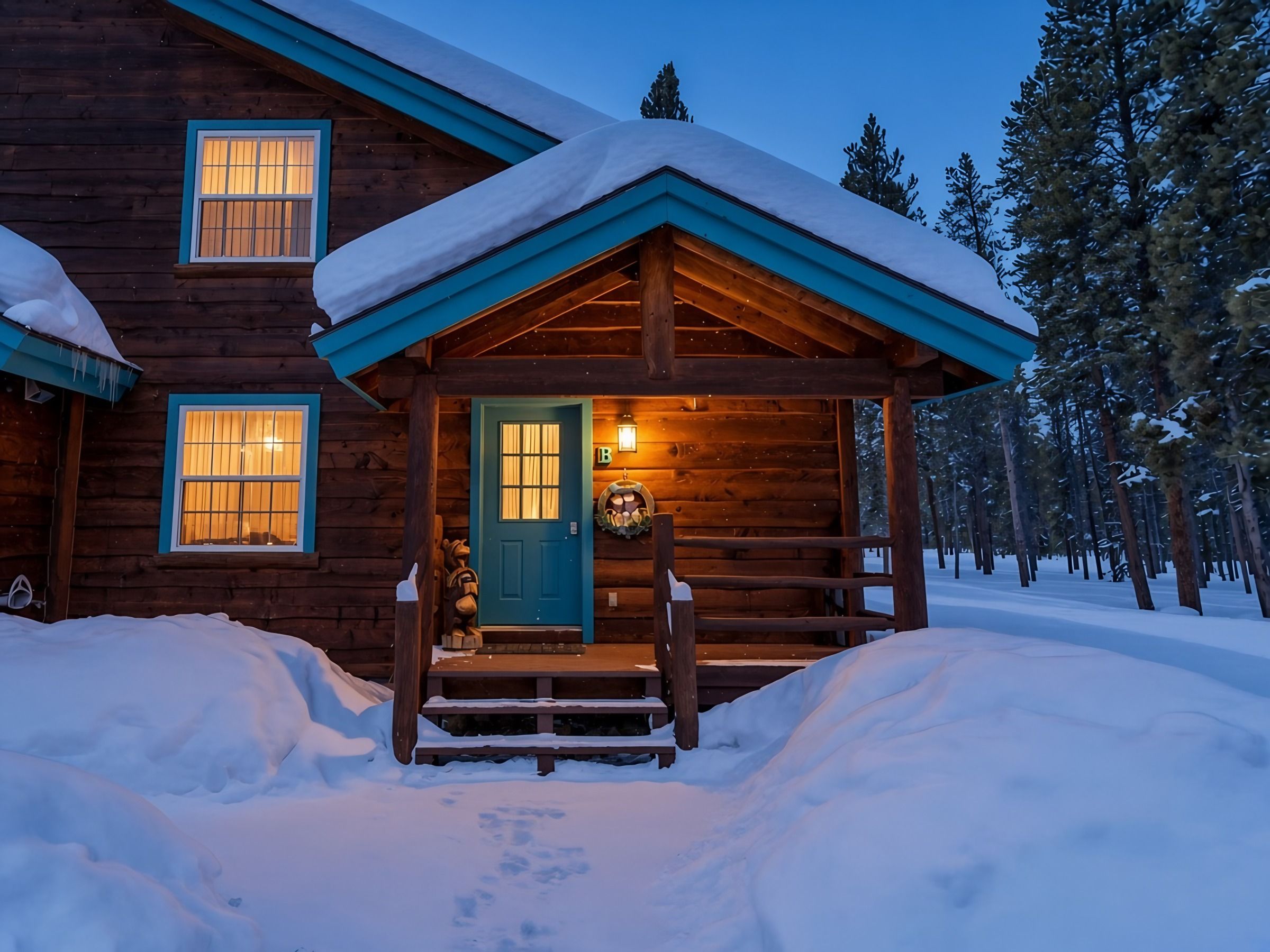 A log cabin with a front porch and a door, surrounded by snow-covered ground and trees.