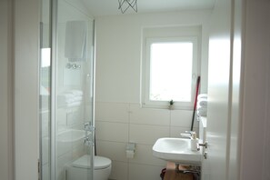 Dusche, Haartrockner, Handtücher, Seife