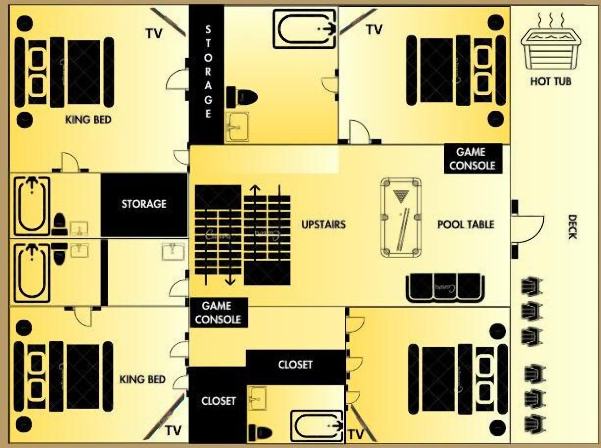 A hotel layout with king beds, TVs, a hot tub, storage, a game console, a pool table, and a closet.