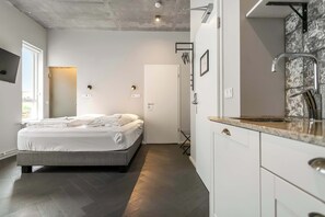 A modern bedroom with a bed, a bedside table, a wardrobe, and a bathroom with a shower. - Swan Double Studio for 2 (Reykjavík)