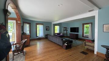 Smart TV, fireplace, books, video library