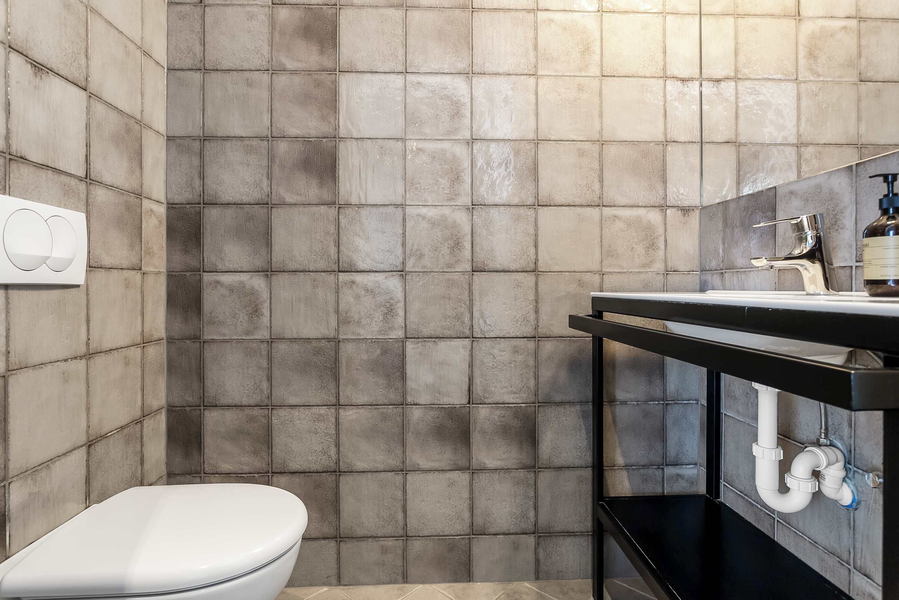 Un bagno con il WC, un lavandino e una doccia.