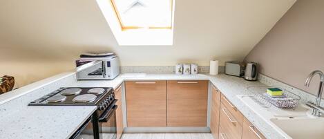 A compact kitchen with a skylight, a stove, a microwave, and a sink.