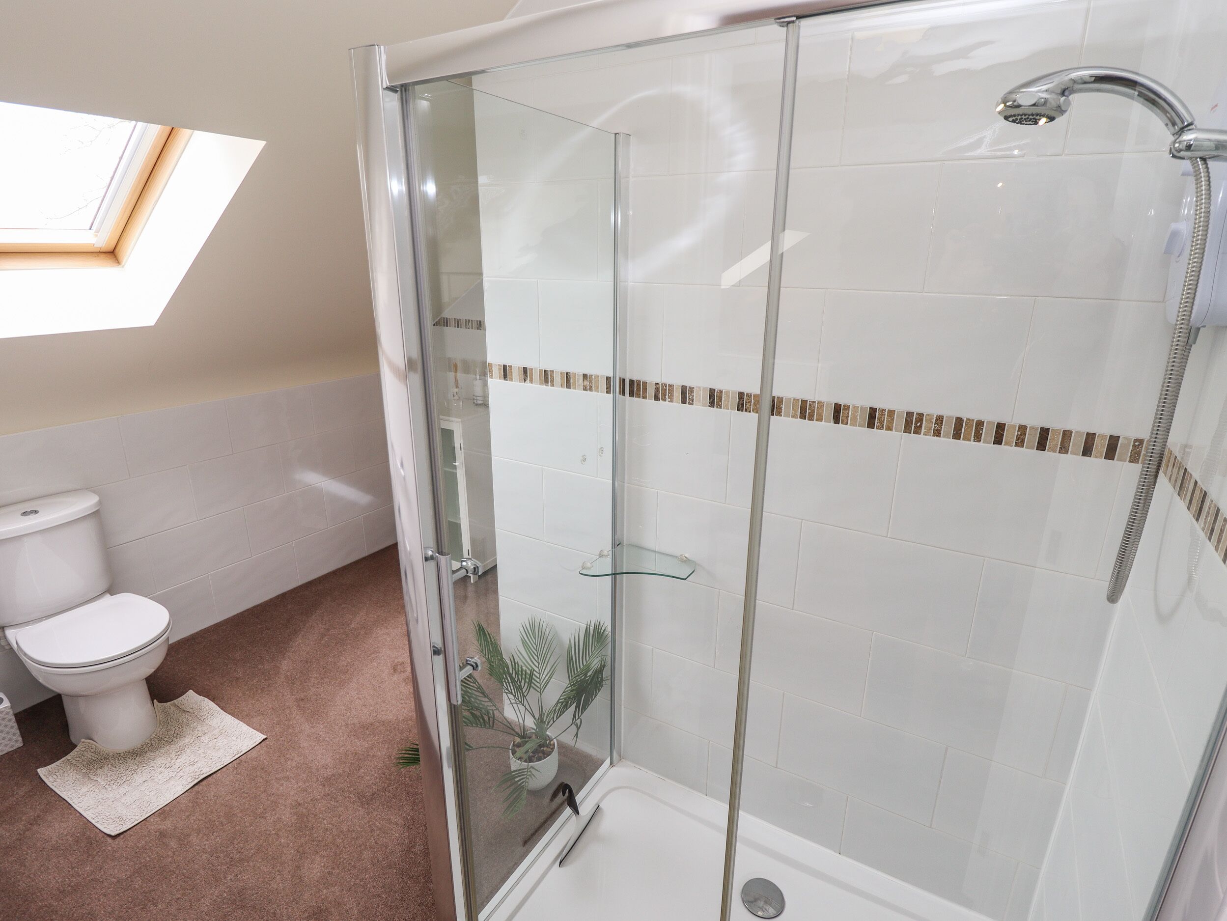 A modern bathroom with a glass-enclosed shower, white tiles, and a small potted plant.