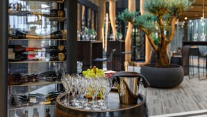 A bar area with wine bottles, glasses, and a large potted tree. - Hotel Vinifera Wine & Spa (Balatonfured)