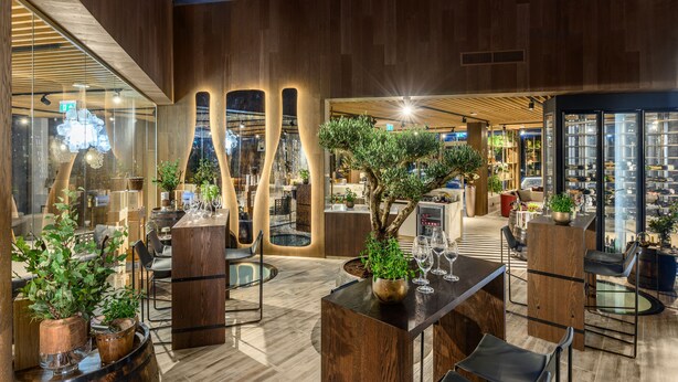 A modern interior with wooden accents, glass partitions, and indoor plants. - Hotel Vinifera Wine & Spa (Balatonfured)
