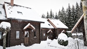 A wooden cabin with a steep roof, surrounded by snow-covered trees.