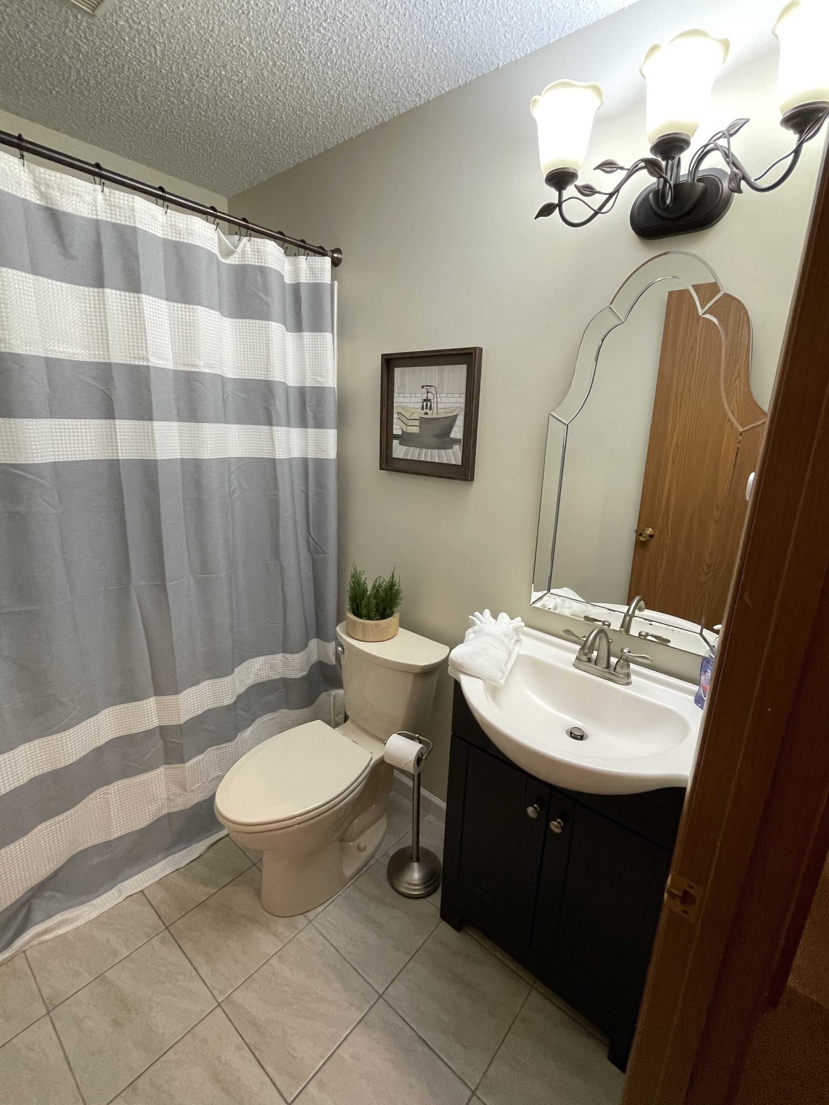 A bathroom with a toilet, sink, and shower curtain.