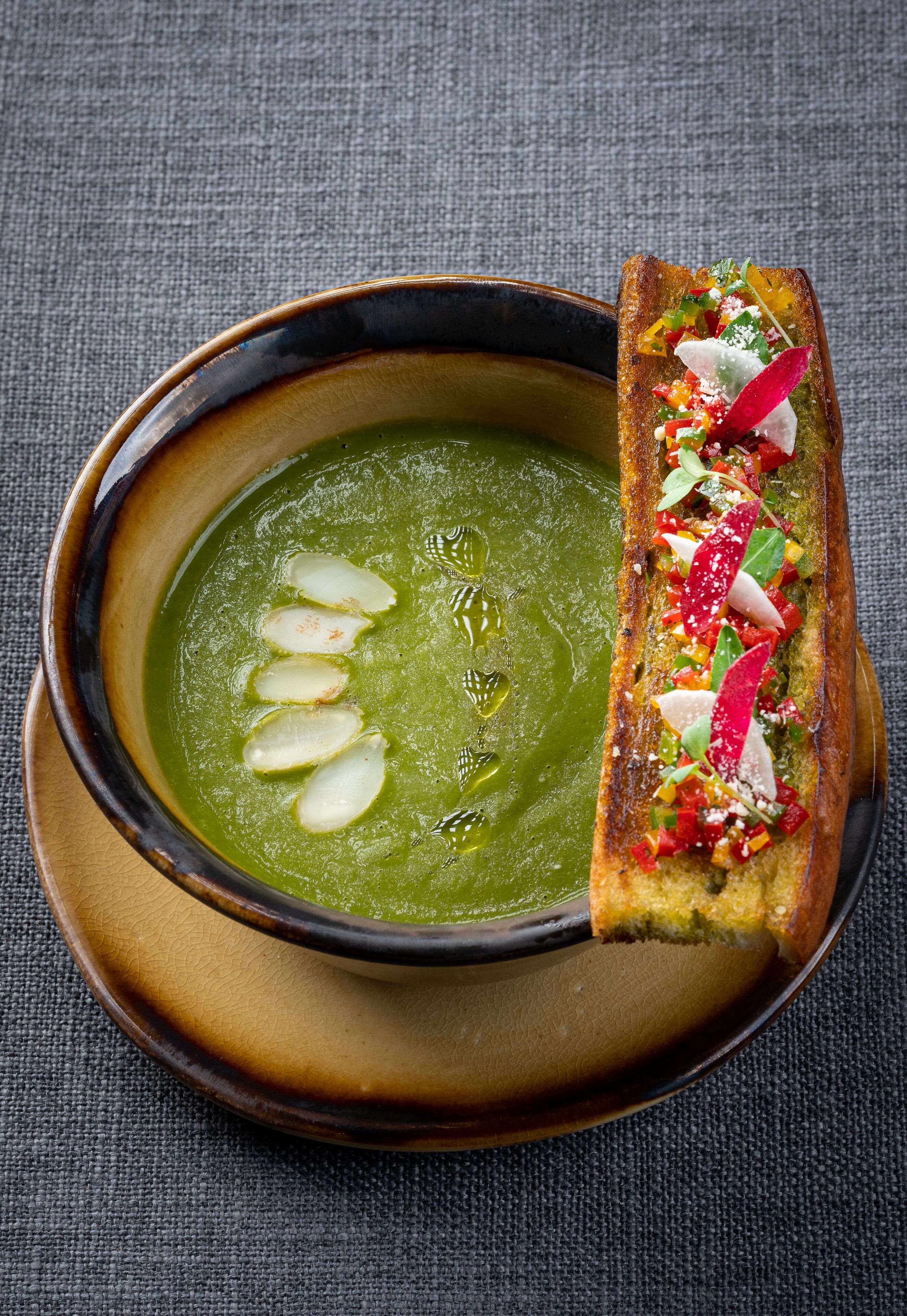 A bowl of green soup with sliced radishes and a piece of bread topped with vegetables.