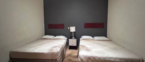 Una habitación con dos camas, una mesita de noche con lámpara y una pared de color oscuro.
