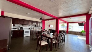 Fridge, microwave, cookware/dishes/utensils