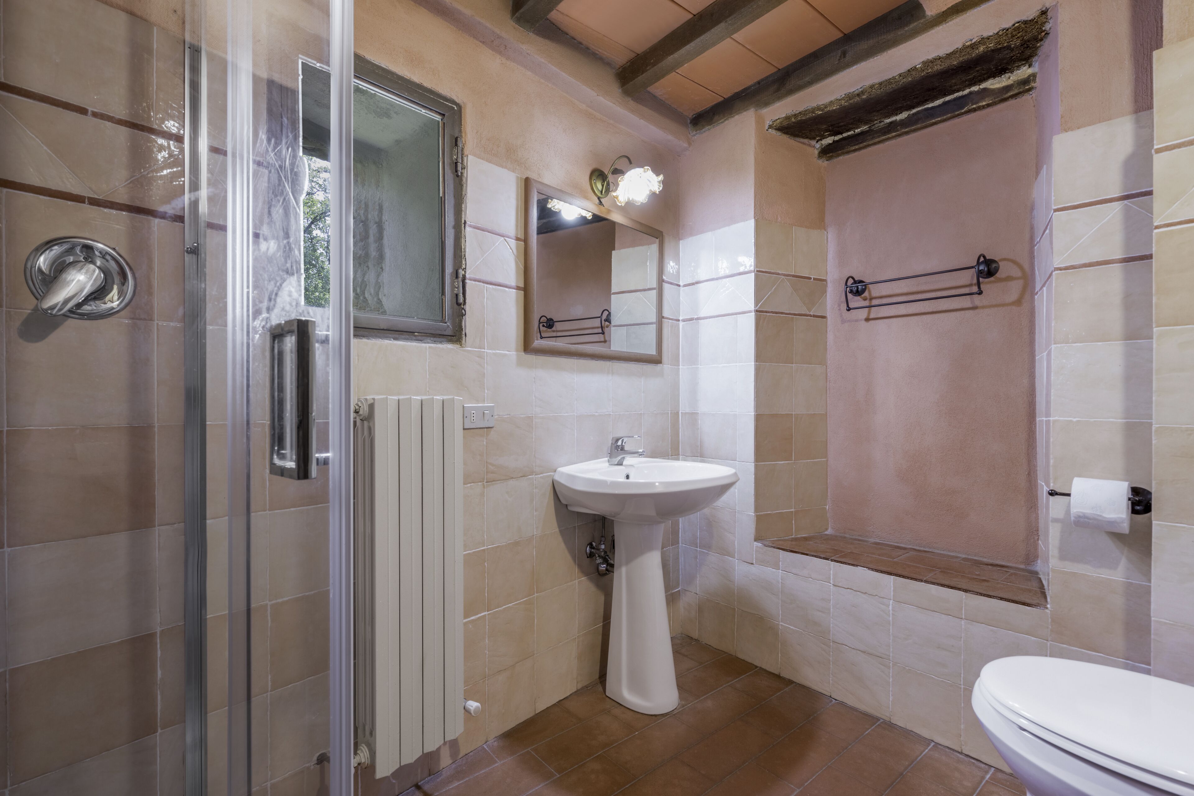 Une salle de bain avec une douche à parois de verre, un lavabo sur colonne et des toilettes.