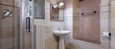 Une salle de bain avec une douche à parois de verre, un lavabo sur colonne et des toilettes.