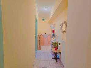 A hallway with a door on the left, a small table with a plant on the right, and a wall-mounted fan.