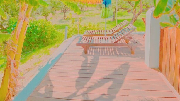 A wooden deck with a bench, surrounded by greenery. - Fully furnished tranquil apartment in Zakynthos (Lithakia)
