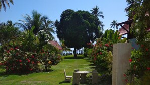 A garden with a table and chairs, a white cup, and a vase of flowers. - Recanto Feliz (Tamandaré)