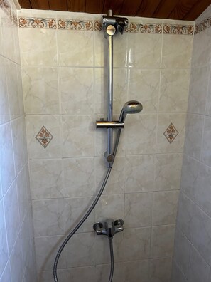 Regadera, secadora de cabello, papel de baño 