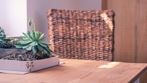 A wooden table with a potted succulent plant.