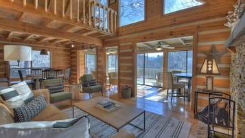 TV, fireplace, books, offices