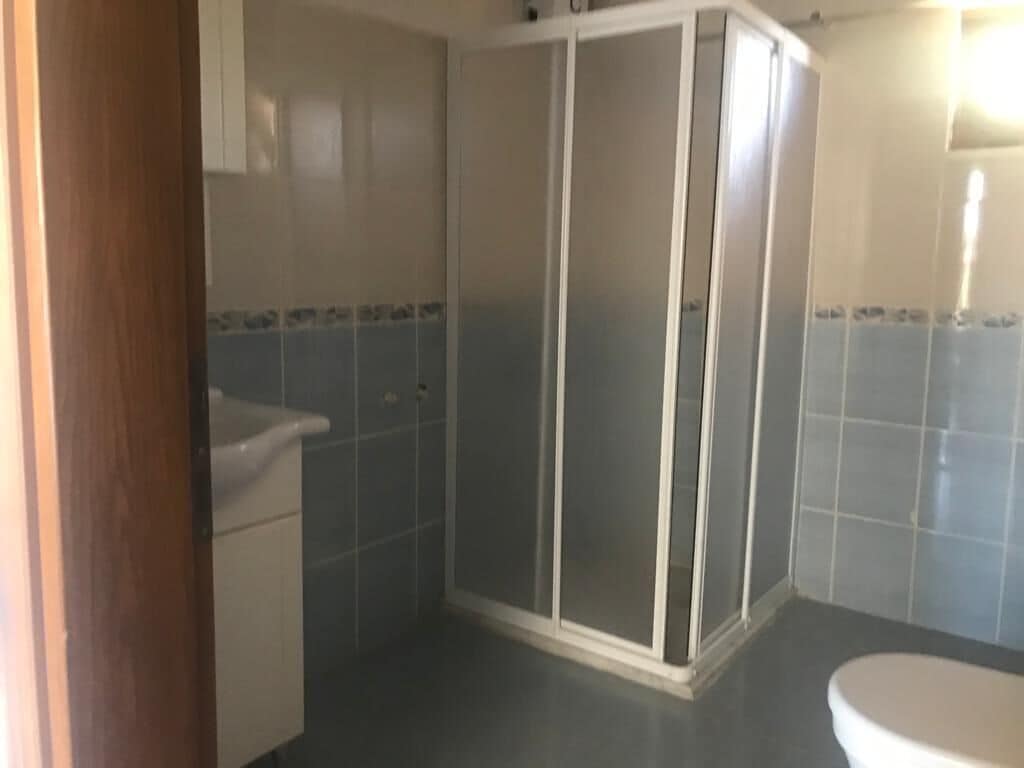 A bathroom with a shower enclosure, a sink, and a toilet.