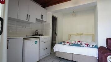 A compact room with a bed, a small kitchenette, and a bathroom.