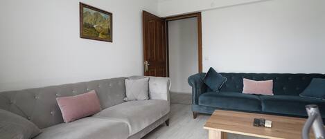 Una sala de estar con dos sofás, una mesa de centro y un cuadro en la pared.