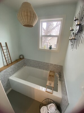 Hair dryer, towels, soap, shampoo