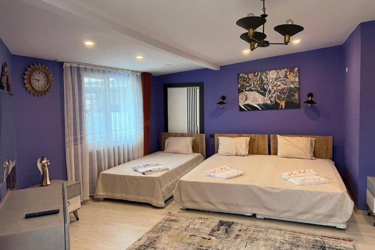 A bedroom with two beds, a large window with curtains, a ceiling fan, and a painting on the wall.