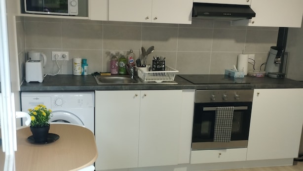 A modern kitchen with white cabinets, a microwave, a toaster, and a sink. There is a small dining table with a potted plant. - Le Petit Viry, à 20min D'orly (Viry-Châtillon)
