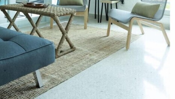 Un salon moderne avec un téléviseur à écran plat, un canapé, deux fauteuils et une petite table sur laquelle est posée une plante.