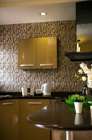 Mikrowelle, Herdplatte, Wasserkocher mit Kaffee-/Teezubehör