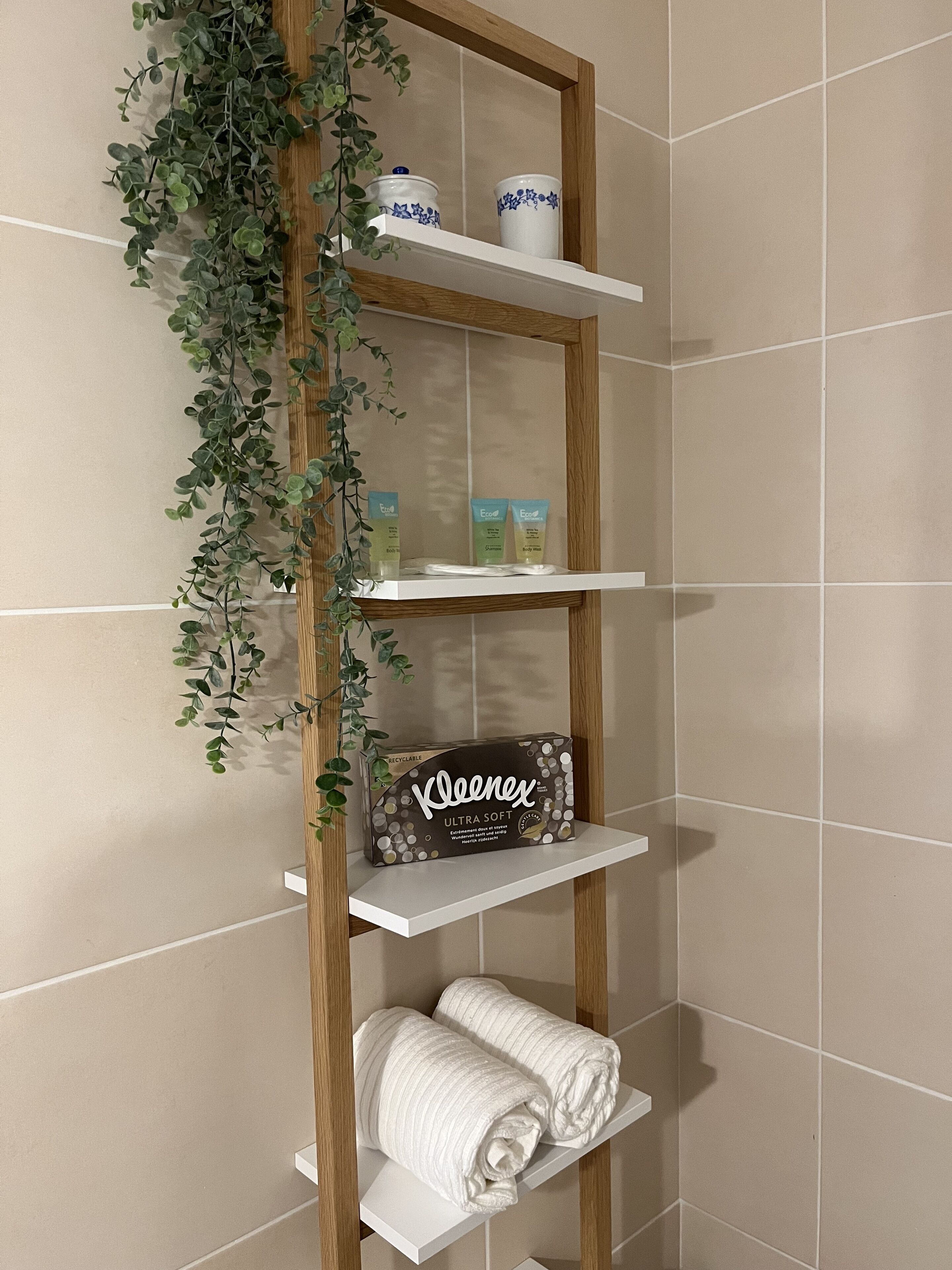 Een badkamer met een houten plankunit met toiletartikelen, een doos Kiehnex Ultra Soft handdoeken en een potplant.