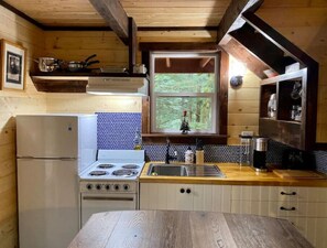 Compact kitchen with a refrigerator, stove, and sink, perfect for small-scale cooking needs.