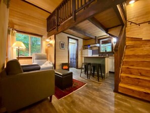 Cozy cabin-style space with a seating area, fireplace, and compact kitchen.