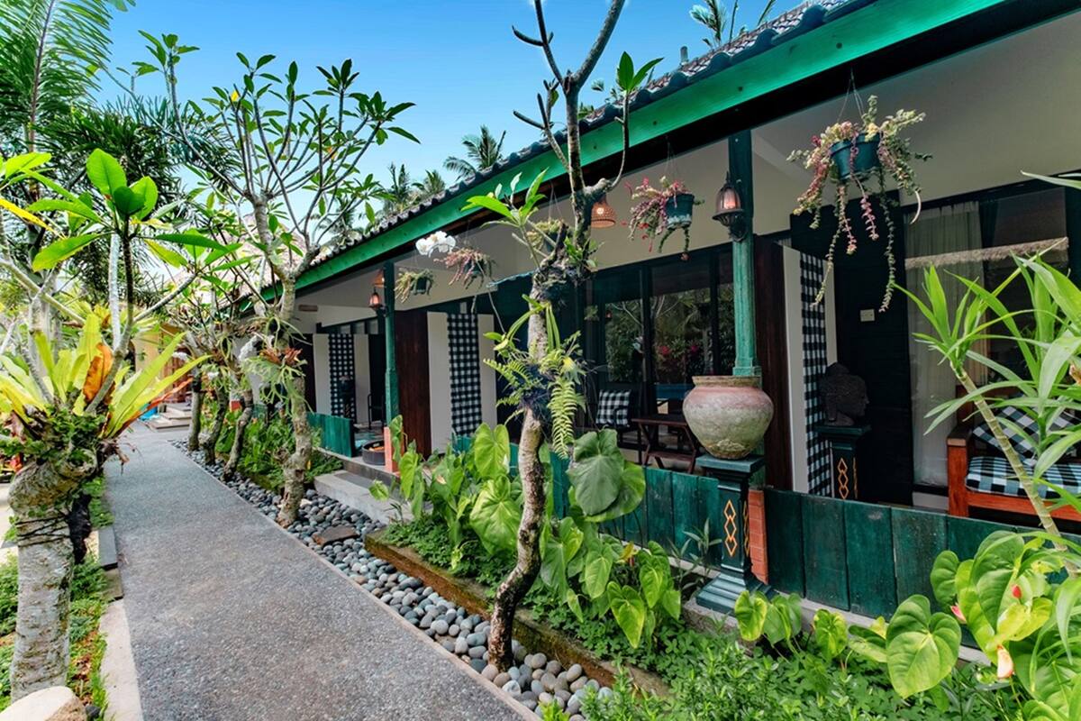 A pathway lined with tropical plants and a building with a tiled roof and large windows.