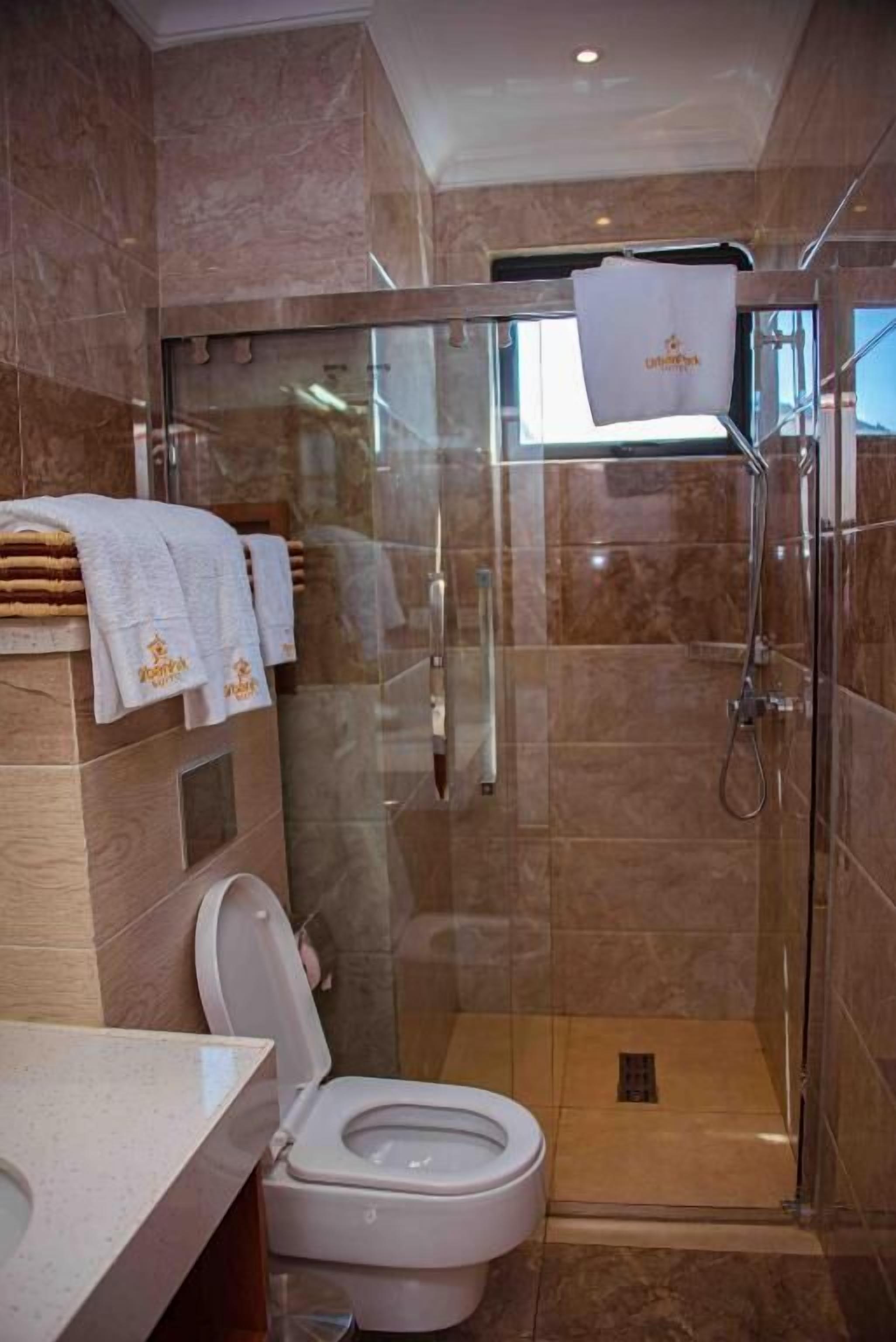 A modern bathroom with a glass-enclosed shower, a toilet, and a sink.