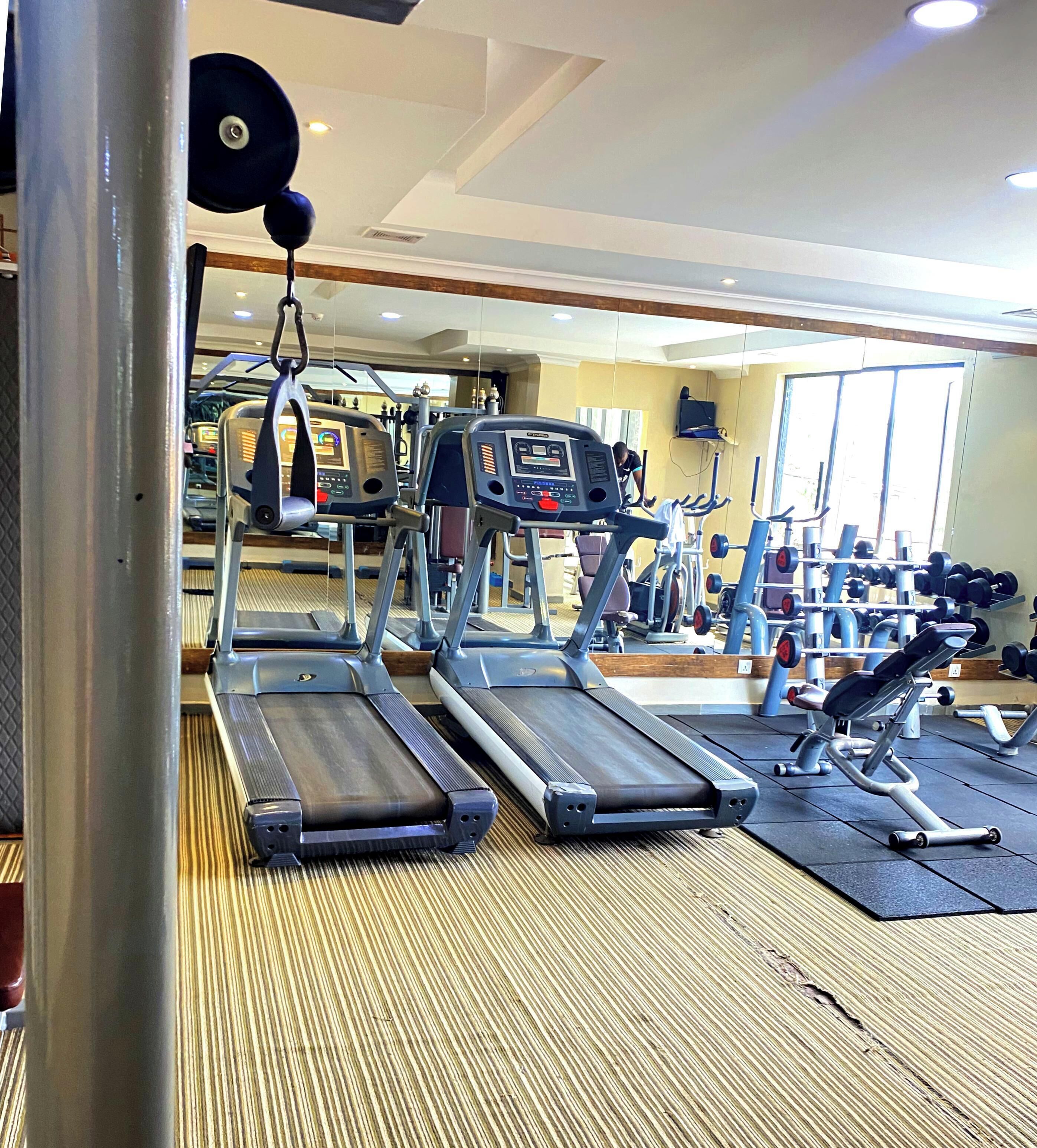 A gym with treadmills, weight machines, and a mirrored wall.