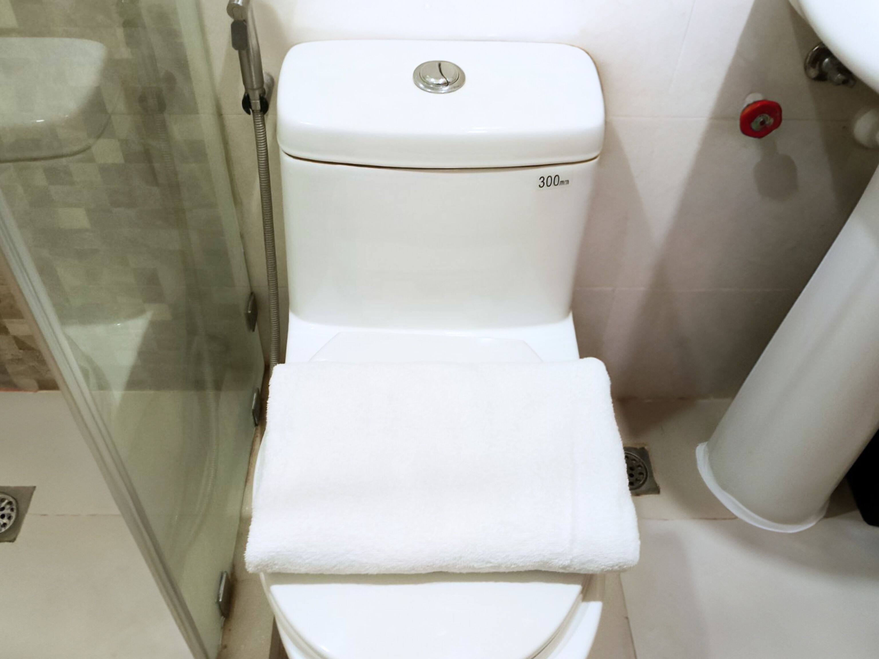 Eine weiße Toilette mit 300-mm-Messmarkierung, eine Duschkabine aus Glas und ein weißes Handtuch auf dem Sitz.